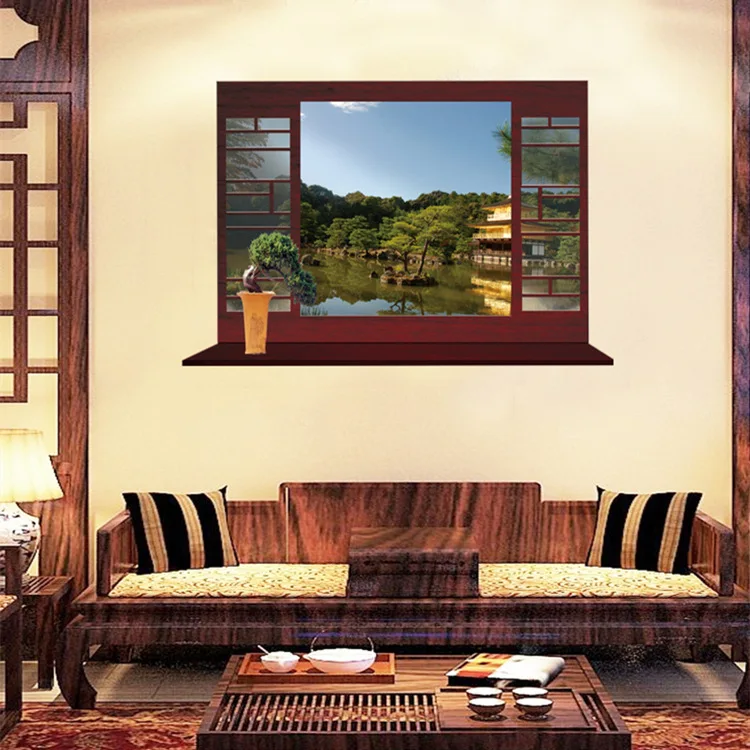 

Creative new Chinese living room bedroom study wall stickers classical Chinese style false window summer view lakeside