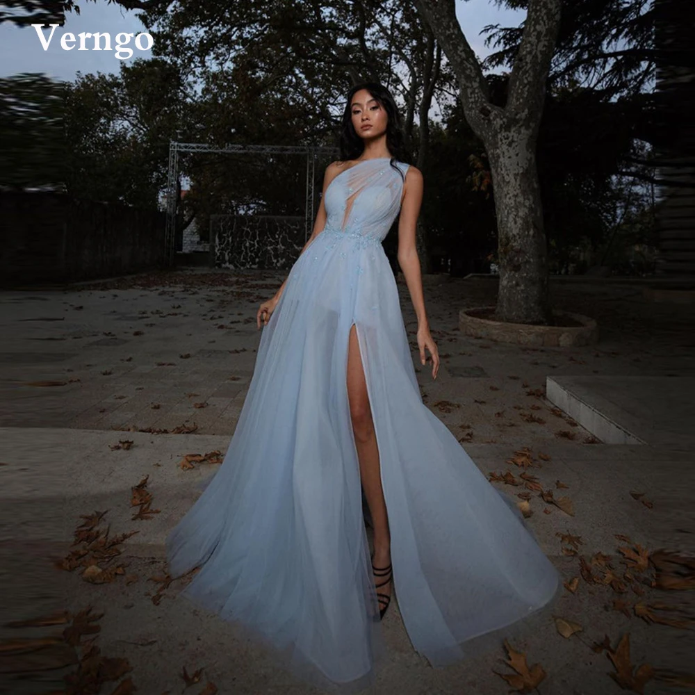 

Verngo Elegant Light Blue Tulle Long Prom Dresses One Shoulder Applique Side Slit Evening Gowns Women Formal Party Bride Dress