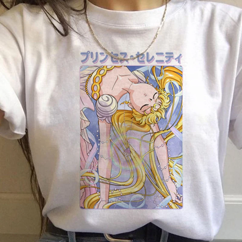 

90s fashion trend: Sailor Moon cartoon graphic printed women's T-shirt, new summer 2021 student loose Short sleeve Harajuku Tops