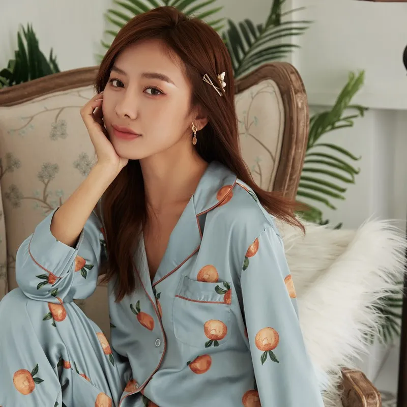 

Orange Print Lady 2PCS Satin Sleep Suit Sprint Autumn New Sleepwear With Pocket Nightwear Long Sleeve Trousers Home Clothes