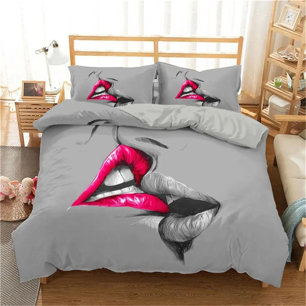 Couple Bed Quilt Cover 180X210 Hot Kiss Lips Printed Duvet Cover With Pillowcase King Size Bedding Set For Soft Home
