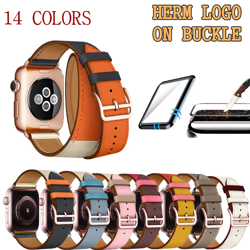 

Двойной/одинарный ремешок для часов Apple Watch Series 5, 4, 3, 2, 1, 44, 40 мм, 2020 розовое золото, с логотипом Herm, 42/38