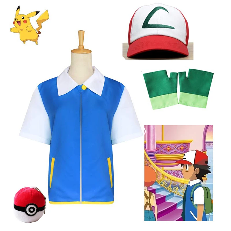 Костюм для косплея Эш Кетчум тыкать детей голубая куртка перчатки шляпа костюмы