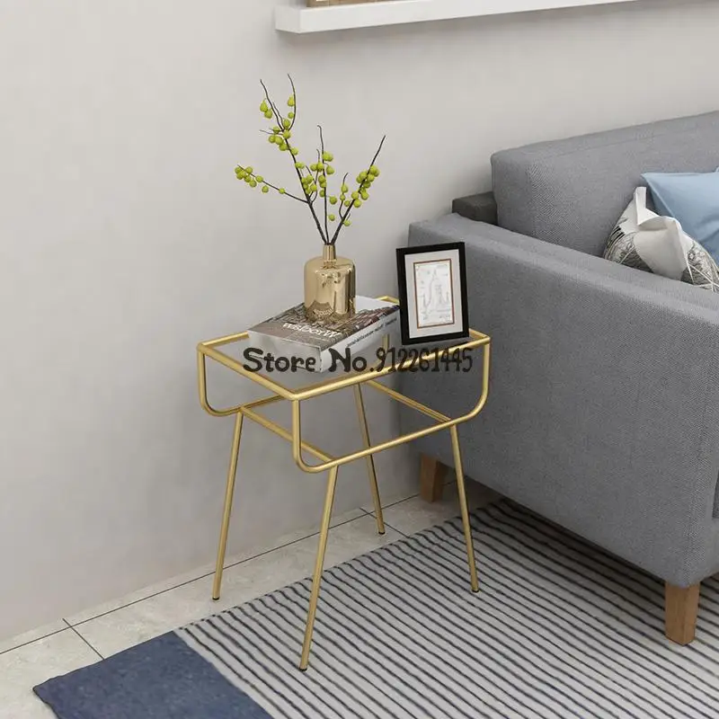 Sofa Side Table Nordic Iron Double-layer Tempered Glass Small Tea Modern Simple Living Room Cabinet Movable Tabl | Мебель