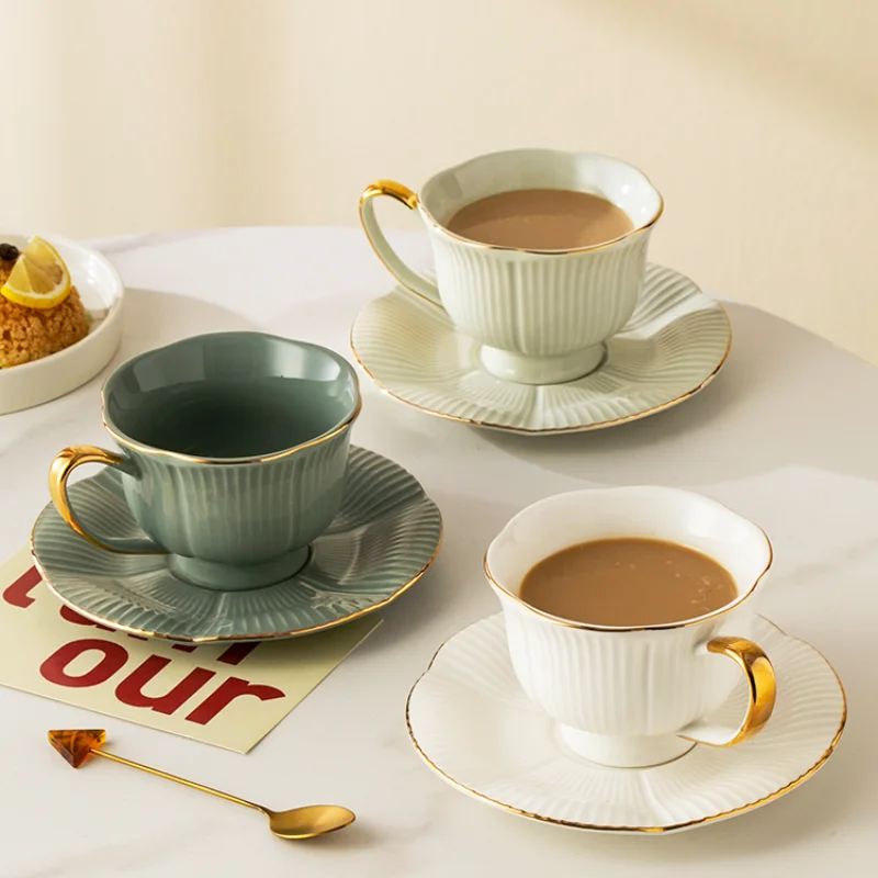 

High Appearance Level Coffee Cup with Spoon Ceramic Cup Boutique Light Luxury Vintage Coffee Cup and Saucer Set