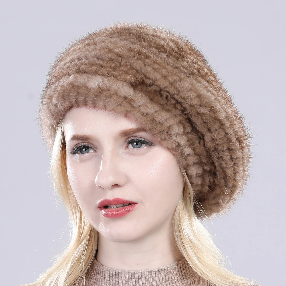 Hot Sale Russia Women Winter Real Mink Fur Berets Hat Hand Knitted Real Natural Mink Fur Cap Lady Luxury Real Mink Fur Hats