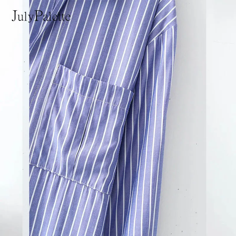 

Julypalette Vintagestripes Printed Woman Shirt Dress Casual Turn-down Collar Elegant Blue Maxidress Holiday Highwaist Dresses