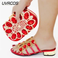 decorated with convenient rhinestone italian design nigerian newest party women shoes and bag set in red color for party