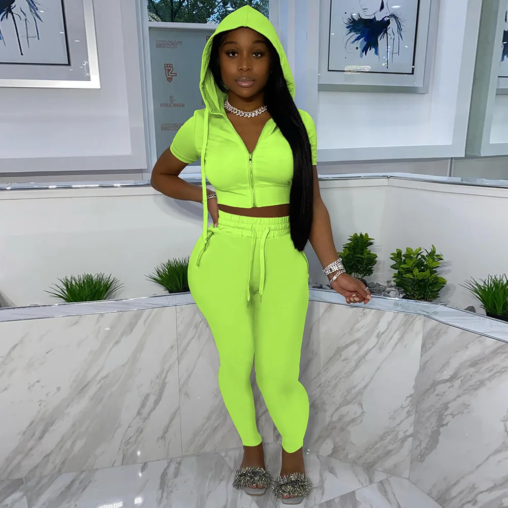 

Summer Two Piece Set Women Short Sleeve Hooded Zipper Up Workout Jacket+sporty Trouser Drawstring Running Stretchy Sweatsuits