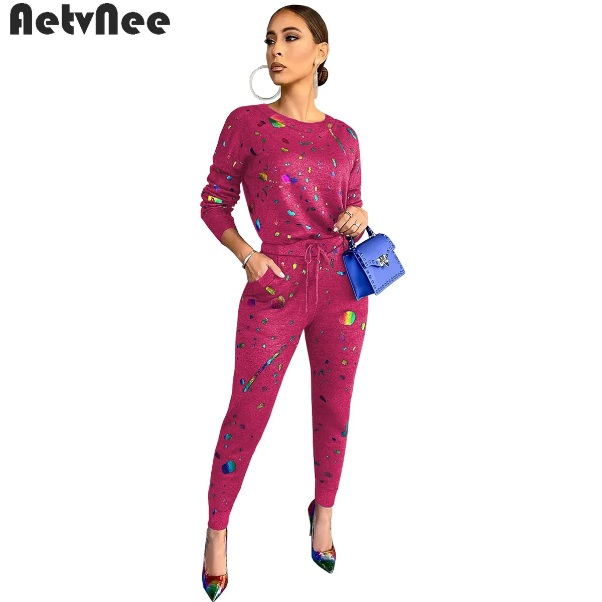 

Женские комплекты с принтом, футболка с длинным рукавом и круглым вырезом, топ с карманами и брюки-карандаш на завязках, комплект из 2 предме...