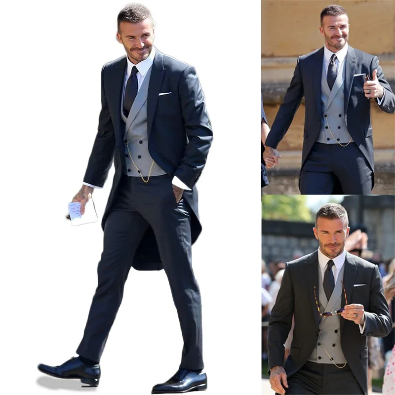 

3 Pieces Men Suits& Black Blazer+ Black Pant+Gray Vest Handsome Tuxedos Custom Made Formal And Gentlemen Wedding Suits