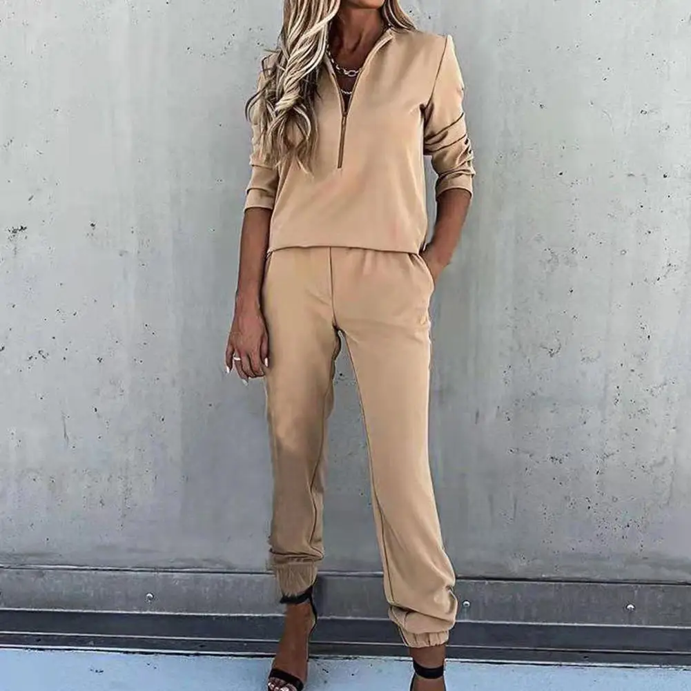 

Women Long Sleeve Two Piece Set Sweatshirt Fashion Zipper Long Sleeve Solid Top + Casual Pocket Trousers Ladies Suit Mujer