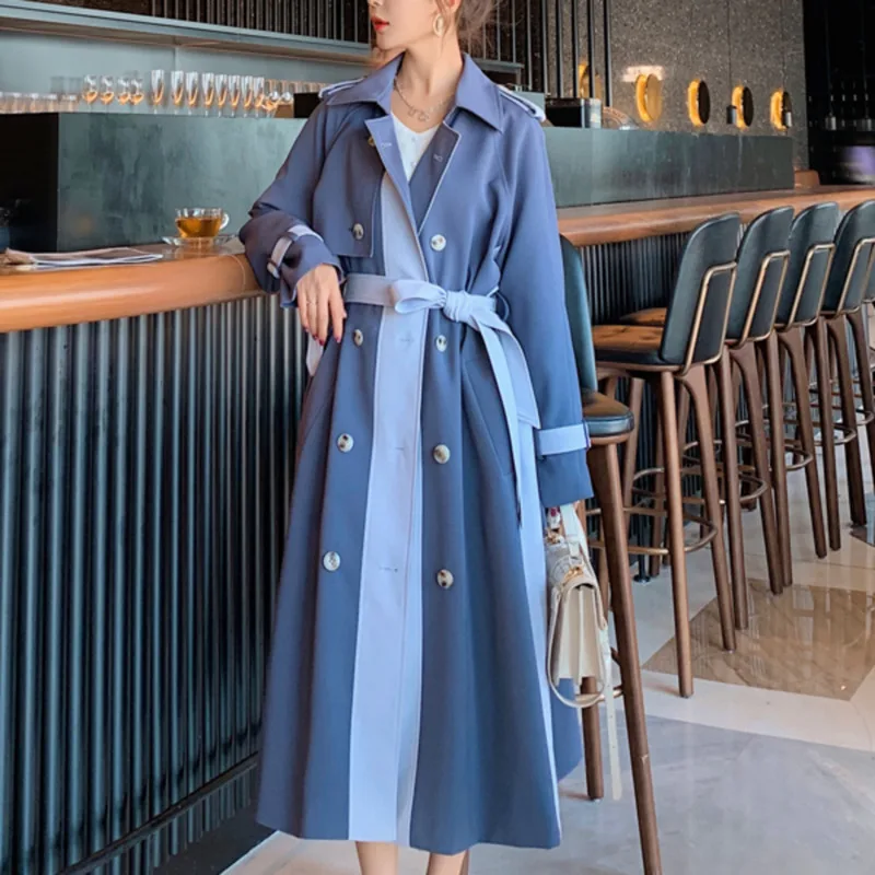 

Korea Chic Casual Trend Women Lapel Double-breasted Hit Color Lace-up Fashion Long-sleeved Windbreaker Autumn 2021 U181