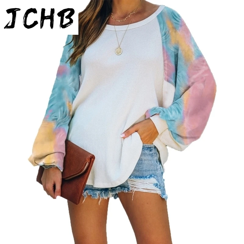 

Winter Autumn O Neck Hoodies Women 2021 Tie-Dye Print Patchwork Bat Long Sleeve Casual Loose Tops Fashion Plus Size Sweatshirts