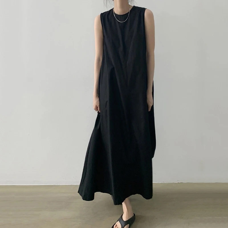 

Long Tank Dress Women Summer Chic Loose Oversized Sleeveless Pumpkin Color Cotton Linen Dress O Neck Back Zipper Vestidos Mujer