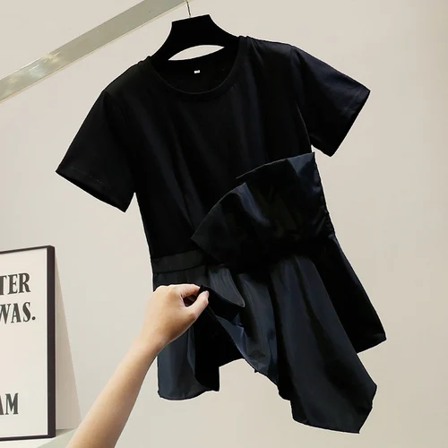 

New Korean Style Irregular Pleated Stitching Short Sleeve Black White T-shirt Women All-Matching Summer Top