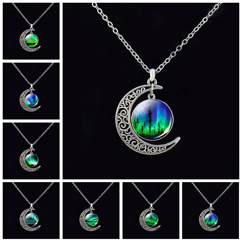 

Green Natural Northern Lights Photo Round Crescent Moon Necklace Glass Cabochon Dome Jewelry Metal Handmade Pendant Gift