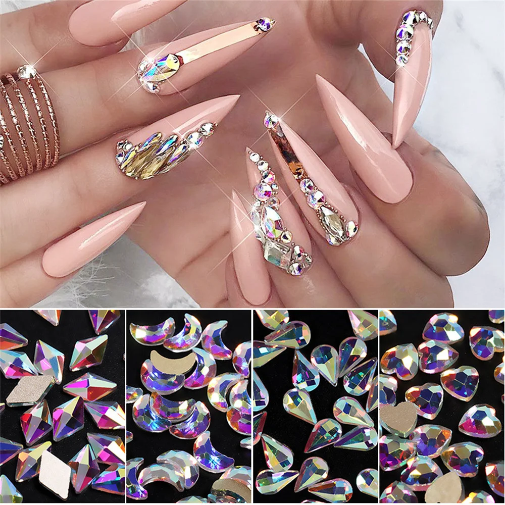 

20pcs 13colors Nail Art Rhinestones Iridescent Flat Shaped Elongated Teardrop Rectangle Colorful Stones For 3d Nails Decoration