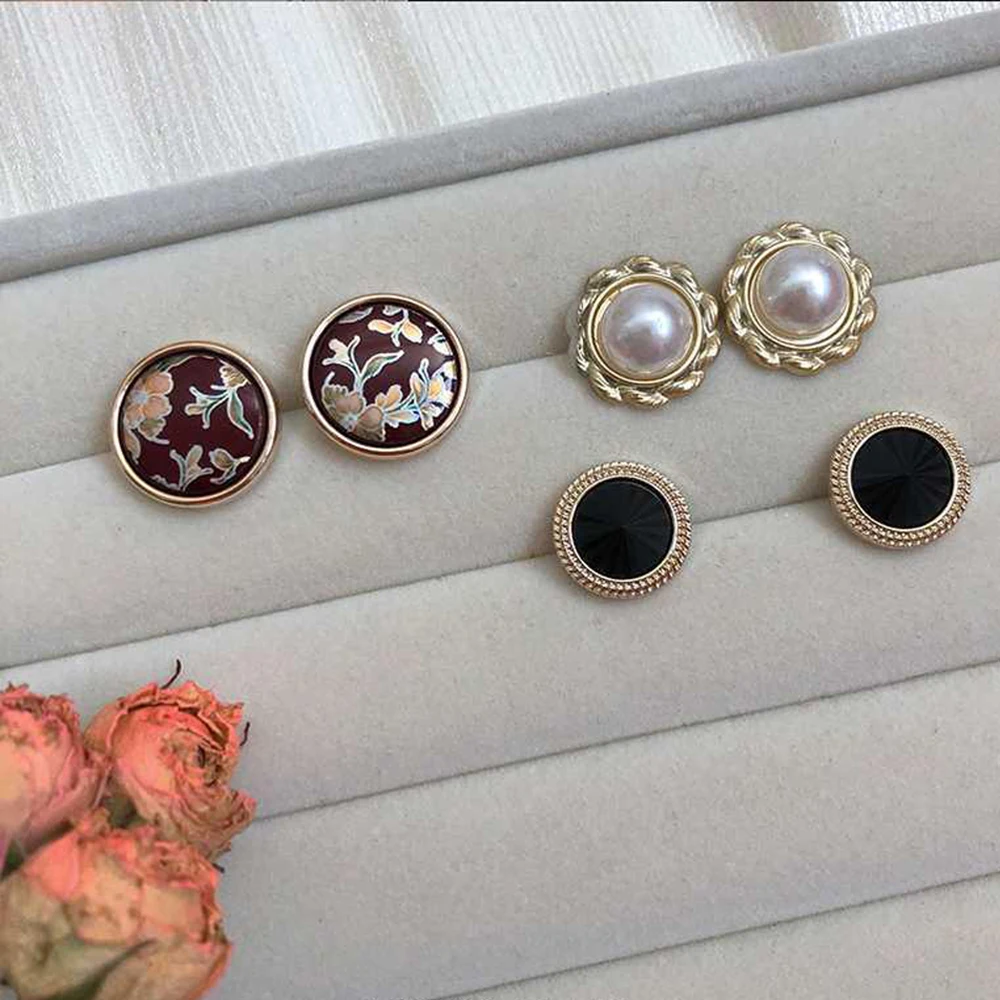 Retro Flowers Inlaid Imitation Pearl Earrings Female Creative Simple Alloy Stud Jewelry Party Gift Ear 6 Pcs/Set | Украшения и