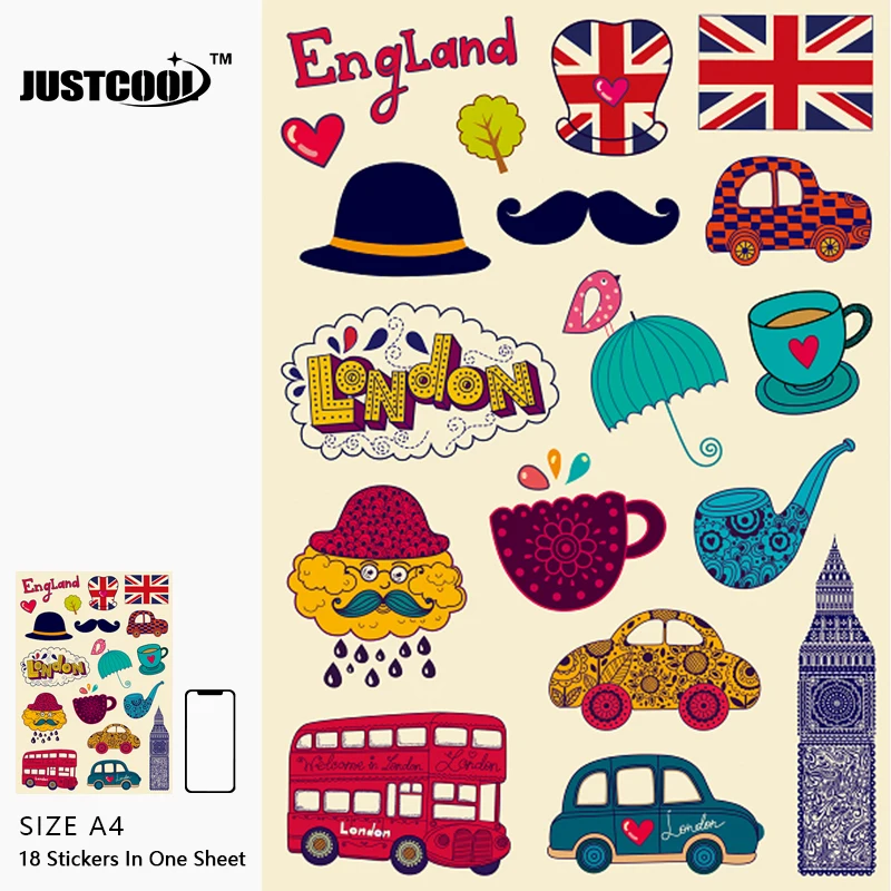

18x Sticker England Lovely Cup Refrigerator Phone iPad MacBook Laptop Notebook Luggage Skateboard Bicycle Car Decal In A4 Size