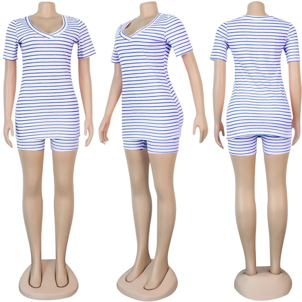 

Women Striped Clothes Set V-neck Short Sleeve T-shirt + Short Pants with Elastic Waist + Headband Outdoor Homewear