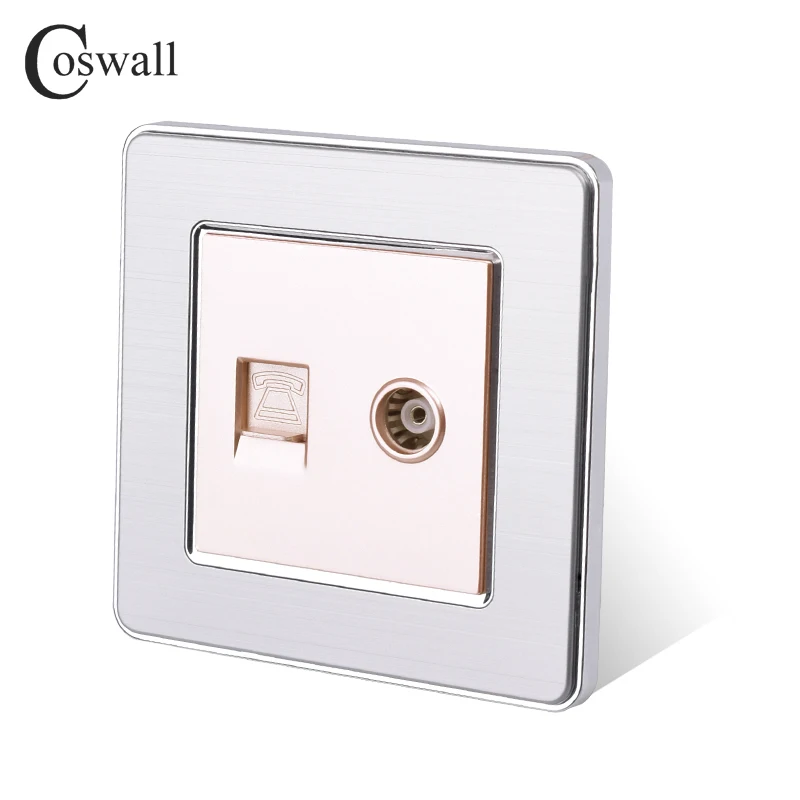 COSWALL RJ11 2 ядра телефонный разъем с женский ТВ Джек Нержавеющая сталь матовая панель розетка