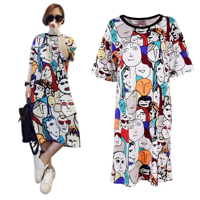 Платье женское свободного покроя с забавным принтом сарафан круглым вырезом и