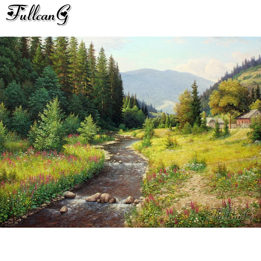 

Алмазная мозаика FULLCANG FG0615, картина с изображением гор, реки, вышивка «сделай сам», 5d, для украшения стен