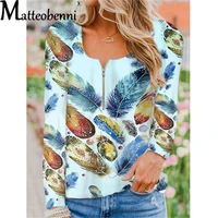 womens t shirt 2021 spring and summer new fashion vintage printed zipper o neck long sleeve t shirt casual soft tops