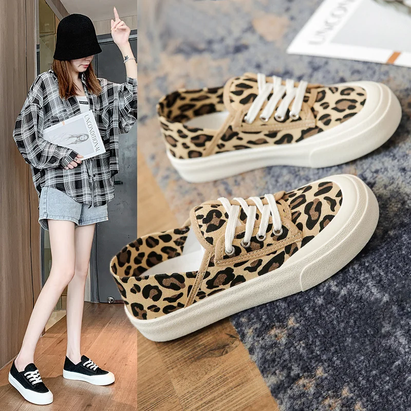 

Leopard Print Women Canvas Shoes Two-wear Lace-up Casual Platform Sneakers New Houndstooth Slip-on Lazy Vulcanized Shoes Loafers