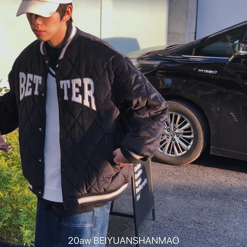 Diamond check baseball uniform, men's and women's new autumn and winter cotton jacket, all-match ins padded jacket