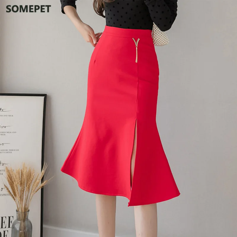 

Women Skirts Plus Size High Waist Skirts Womens Elegant Ruffles Split Midi Skirt For Women Stretch Casual Office Skirts
