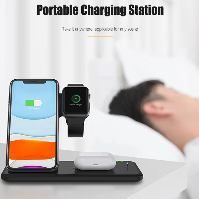 

4in1 Qi Wireless Charge Station Foldable Base 15W Fast Wireless Charging for Samsung S20 S10 Huawei Apple iWatch 5 4 3 Airpods 2