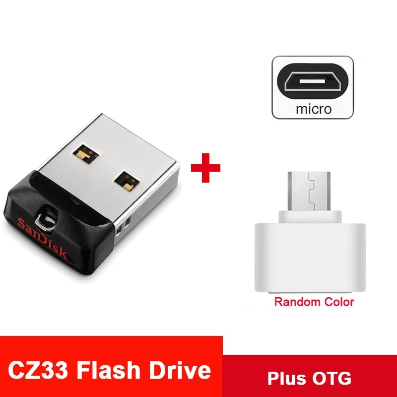 CZ33 Plus OTG Флеш-накопитель sandisk Cruzer, 16 ГБ, 32 ГБ, 64 ГБ, автомобильный стерео флеш-накопитель, брелок, карта памяти, крошечная, подходит для DJ, музыка, U диск, Cle, USB флешка - Цвет: CZ33 Plus OTG