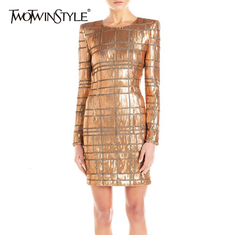 TWOTWINSTYLE повседневное клетчатое тонкое женское платье с круглым вырезом и длинным