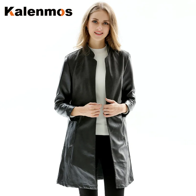 Осеннее пальто из искусственной кожи большого размера женское облегающее