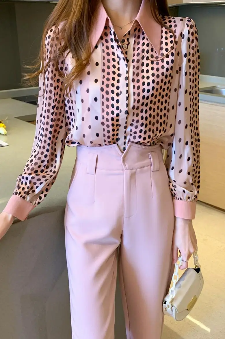 

2021 Spring and Autumn New Fashion Color Matching Polka Dot Chiffon Korean Office Ladies Shirt Long Sleeve Top Women