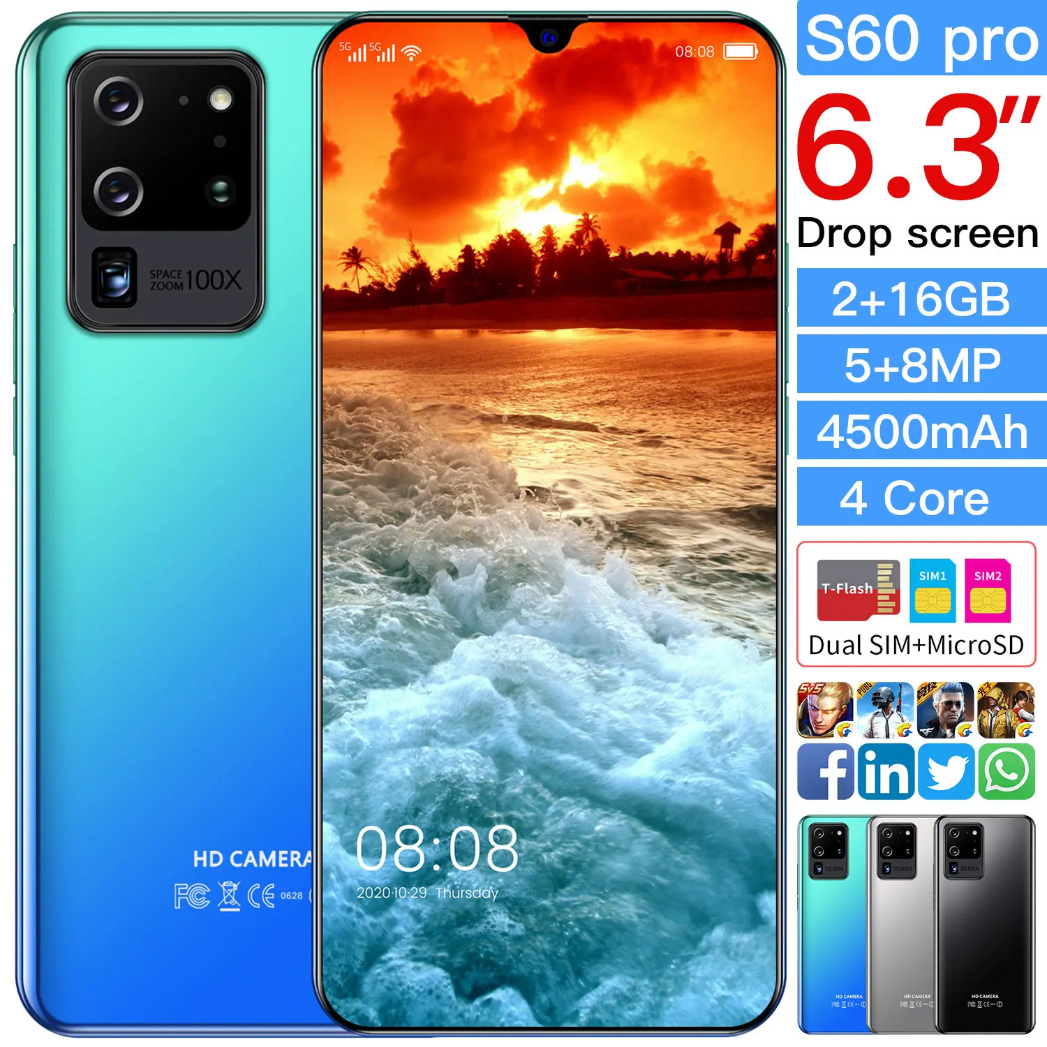 

PLTDP S60 pro Smartphone 16GB ROM 6.3" HD+Waterdrop Screen Cellphone 4500mAh Mobile Phone 3D glass Plated back cover Telephone