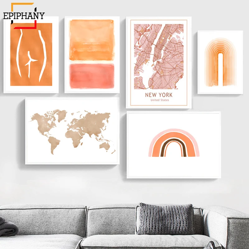 Современная Абстрактная галерея настенная живопись Оранжевая Радуга карта мира