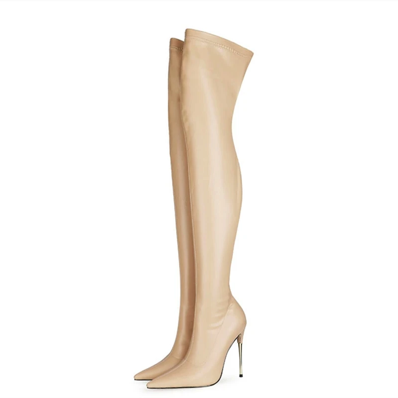 

Nude Casual Women Shoes Boots Winter Stiletto Stretch PU Upper Over Knee High Boots Big Size 47