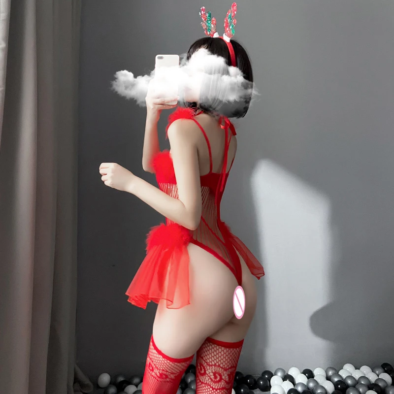 Соблазнительное рождественское плюшевое боди с красными рогами Сетчатое