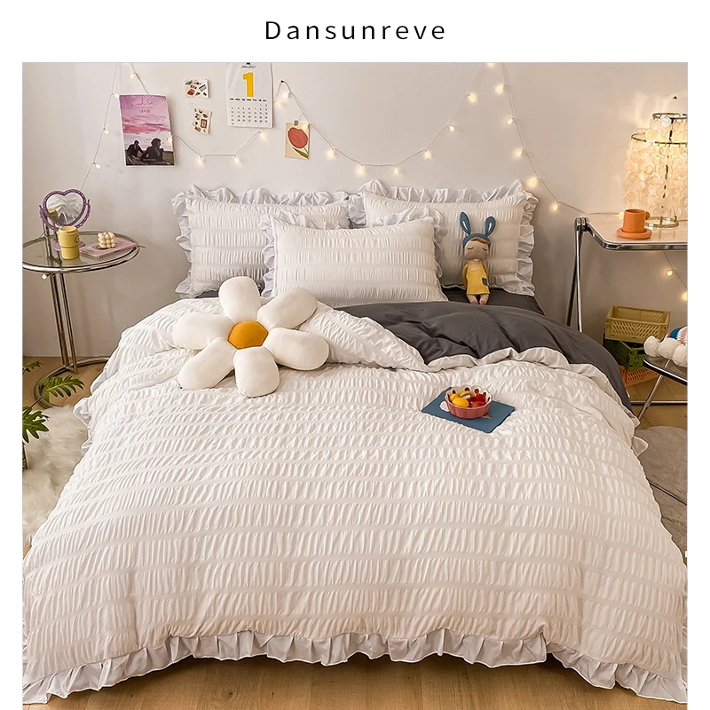 

Dansunreve Bedding Set 3/4 Pieces Seersucker White Black Purple High Quality Quilt Cover Fitted Sheet Pillowcase Sets For Home