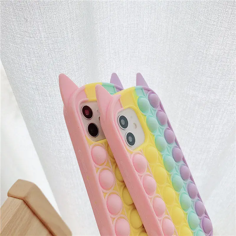 Cute Rainbow Cat Popit Push Bubble Silicone iPhone Case For iPhone11 12 Pro Max Mini X XS XR 8 7 Autism Sensory Fidget Cover | Мобильные