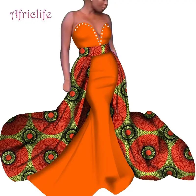 

2021 African Bazin Riche Party Dresses for Women Strapless Ladie African Dashiki Long Floor Length Dresses Clothing WY4087