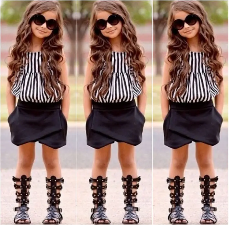 

2-7Years Kids Baby Girls Clothes Sets Striped Sleeveless Vest Tops Black Shorts 2pcs Sets Girls Casual Outfits 2-7Y