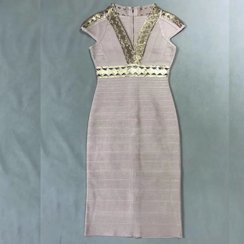 2019 модное черное бежевое Бандажное платье с v-образным вырезом и коротким рукавом