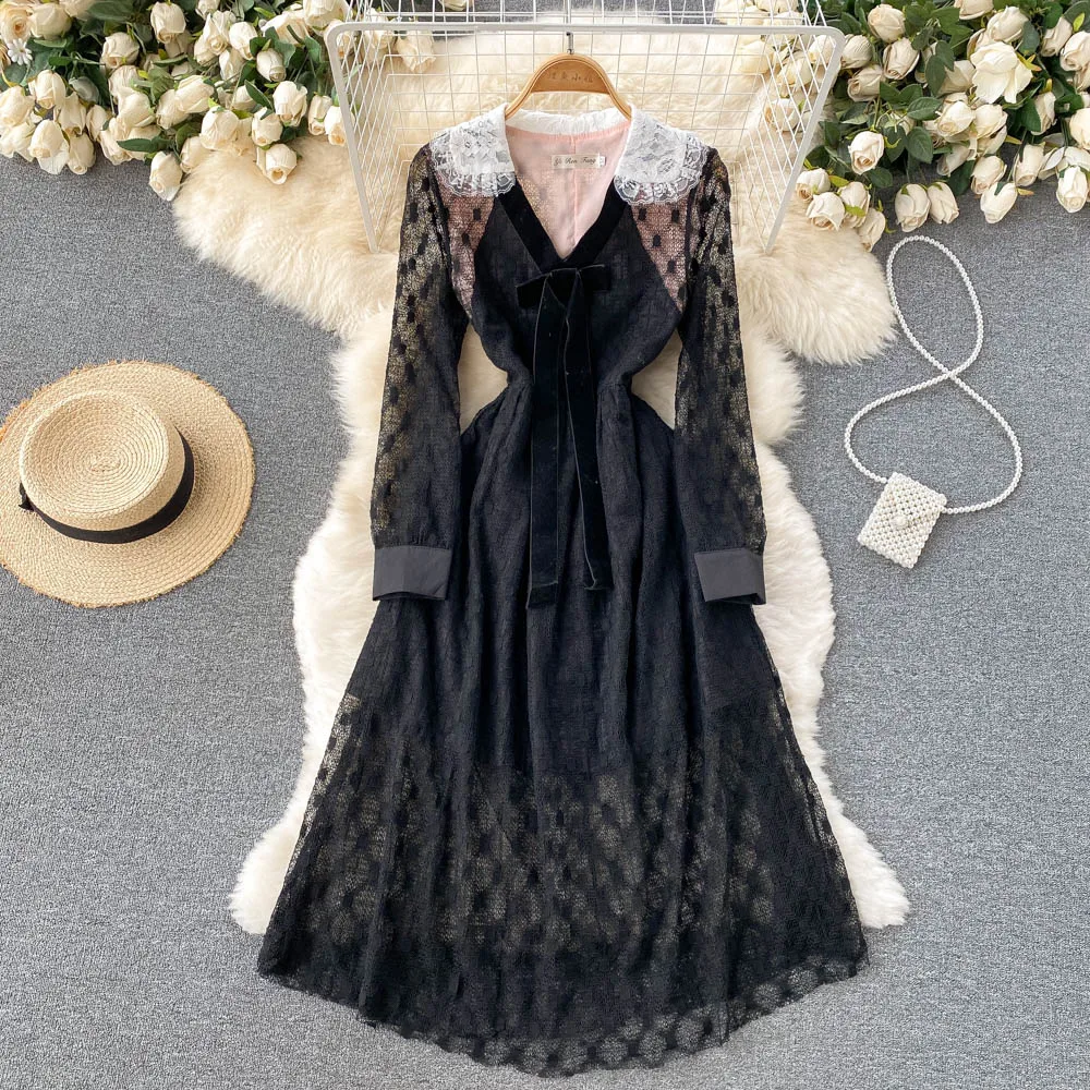 

C198 Women New Fashion Autumn V-neck High Waist Elegant Retro Long Sleeve A-ling Lace Dress Vintage Korean Vestido De Mujer