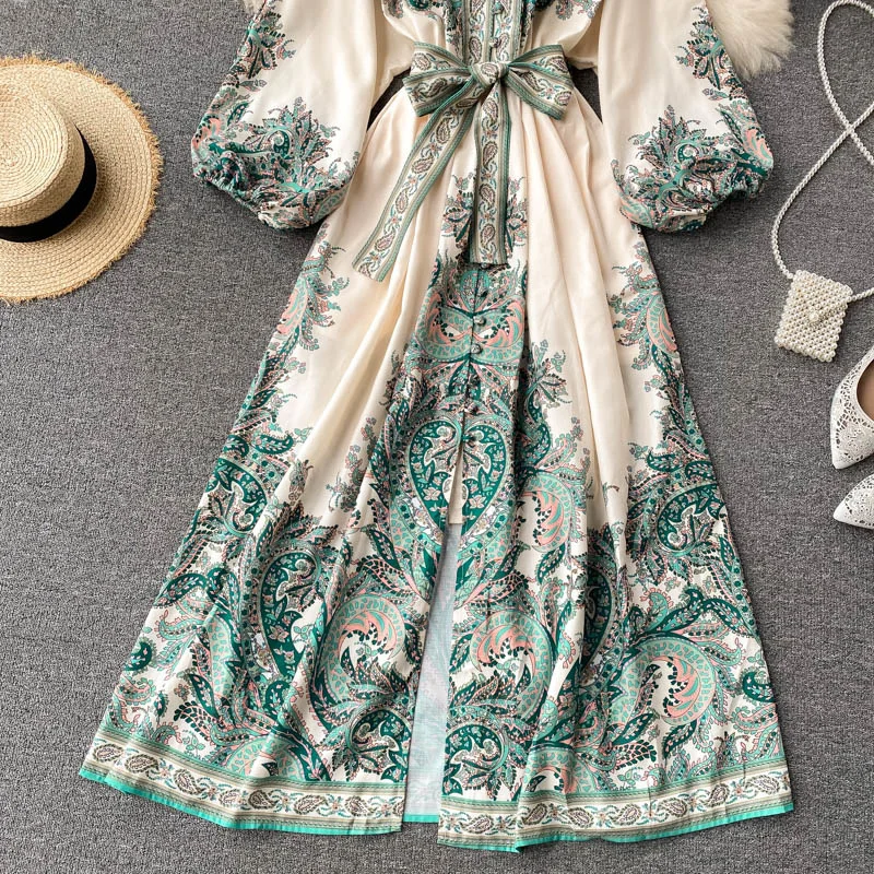 

Maxi Dresses For Women 2021 Runway Fashion Boho Paisley Print Vintage Dress Balloon Sleeve Elegant Long Dress With Belt