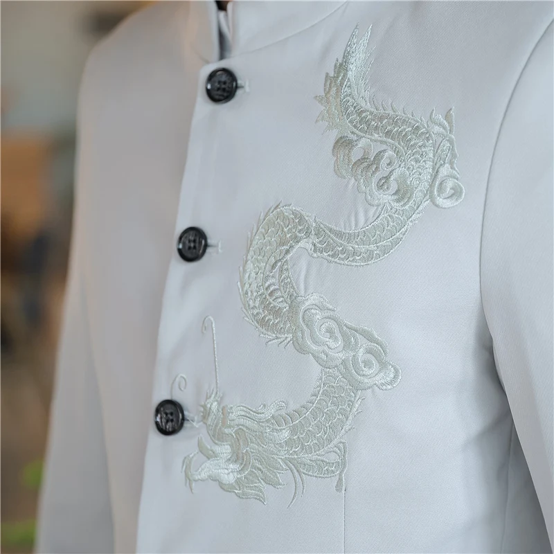 

Autumn and Winter Men Business Casual Suit Chinese Style Embroidery Two-piece Set Fashion Male Stand-up Collar Blazer with Pants