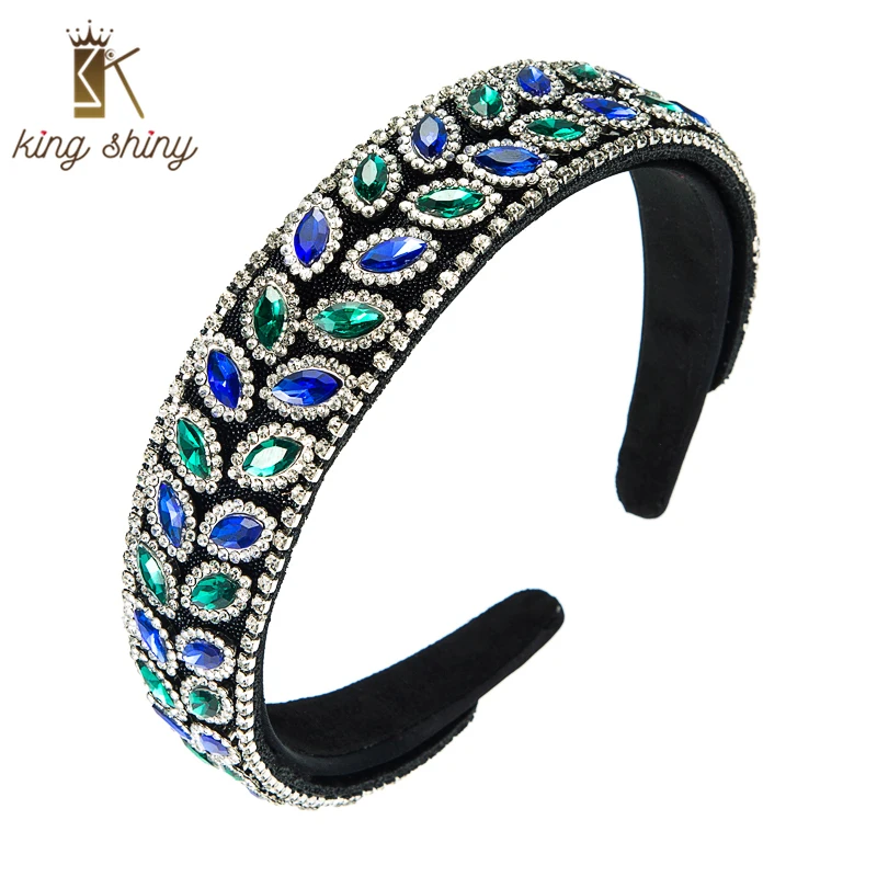 

King Shiny Elegant Colorful Crystal Leaf Headband Luxury Sparkly Rhinestone Beaded Wide-brimmed Hairband Girls Party Tiara Bezel